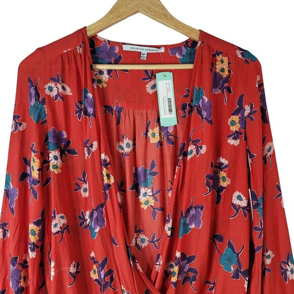 Collective Concept Aimee Floral Top Red Orange Petite Medium Cross Front NWT - Picture 4 of 9